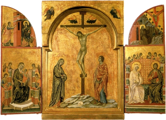 Triptyque représentant Jésus crucifié entouré de Sa Mère et de saint Jean