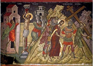 Jésus au Golgotha - Simon de Cyrène aide Jésus à porter Sa croix - par Théophane le Crétois