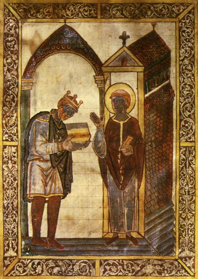 Le roi Athelstan présente La Vie de saint Cuthbert à saint Bède le vénérable.